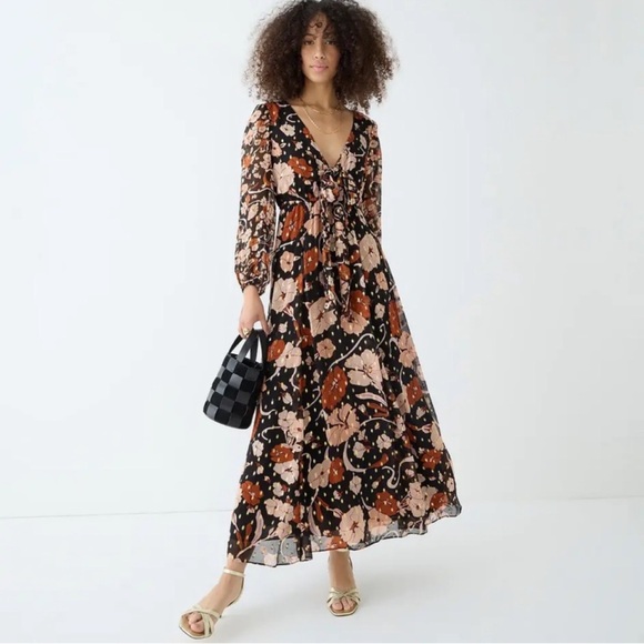 NWT J. Crew Collection Tie-Front Lurex Maxi Dress in Mixed Print - Picture 1 of 13